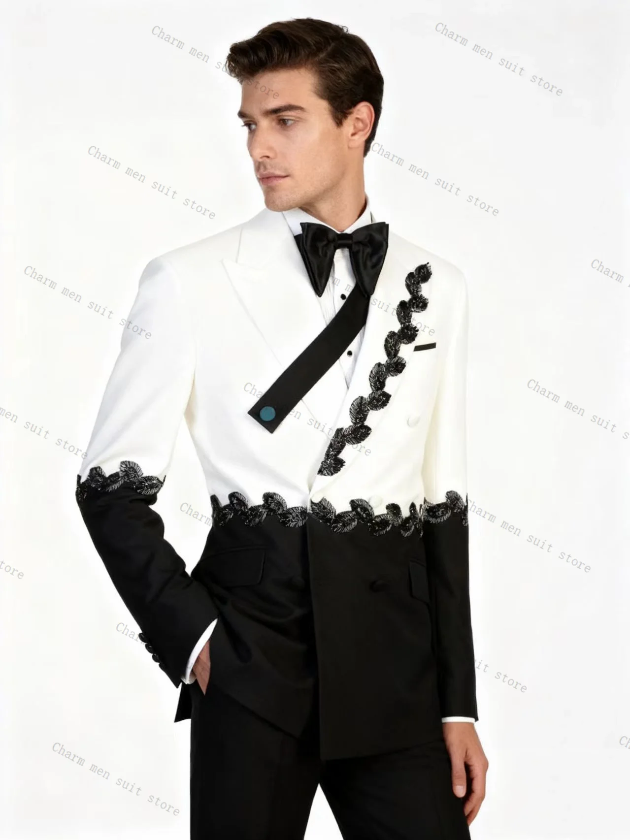 ชุดสูทผู้ชายสีขาวดำ 2 ชิ้น ประดับคริสตัล เสื้อเบลเซอร์+กางเกงขายาว ผ้าฝ้าย ชุดทักซิโด้สำหรับงานแต่งงาน ชุดทำงานทางการ ชุดเจ้าบ่าว เสื้อแจ็คเก็ต
