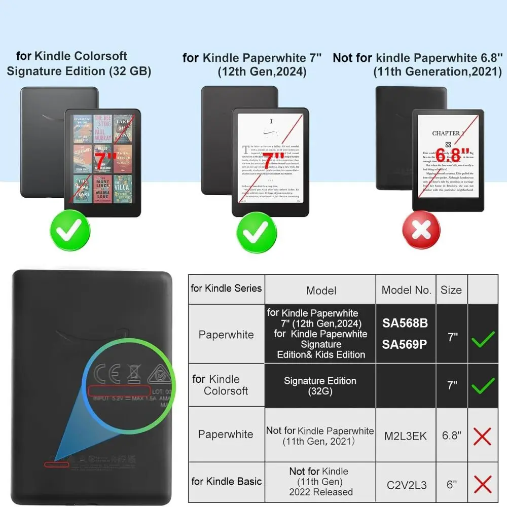غطاء قارئ إلكتروني جلدي مقاس 7 بوصات مع حافظة واقية لدعم اليد لجهاز Kindle Paperwhite 2024 مقاس 7 بوصات (الجيل الثاني عشر)/Colorsft