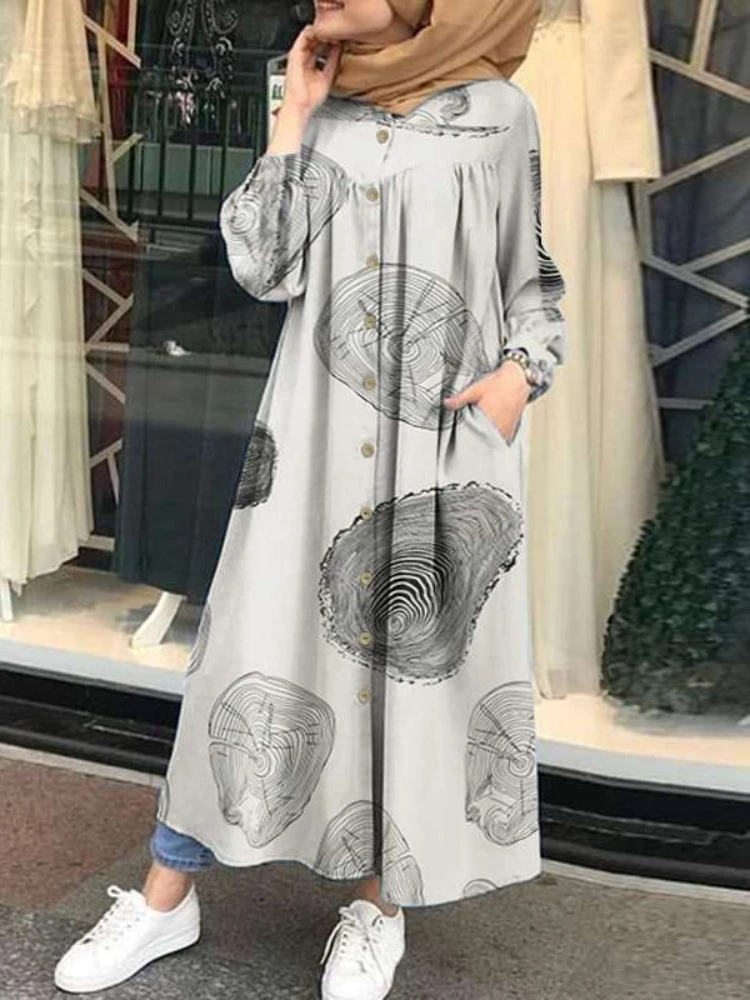 Ramadan Muslim Printed Maxi Dress Women Abaya Islamic Clothing Casual Long Sleeve Shirt Vestidos Female Button Robe Summer 2022