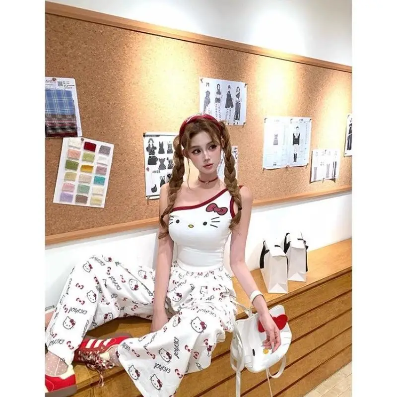 

Sanrio Summer Jeans Hello Kittys Suspenders Pants Suit Girls New Style Thin Style Fashion Sleeveless Comfortable Breathable