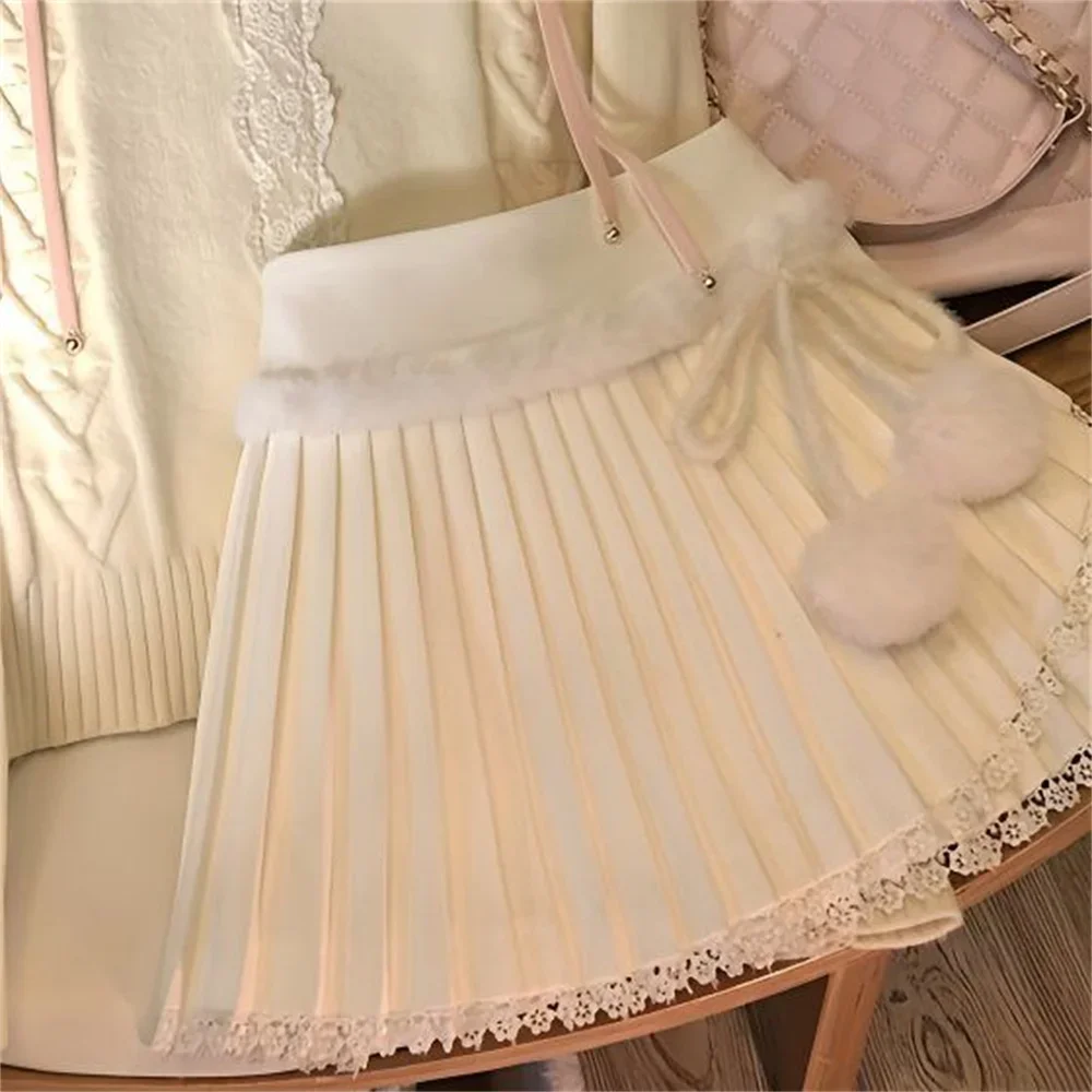 

Women Lovely Patchwork White Short Skirt Female Japanese Kawaii Pleated Skirt 2025 Knitting Sweet Cute Lint Lace Ruffle Skirt