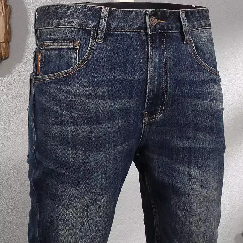 Fashion Designer Men Jeans High Quality Retro Washed Blue Elastic Slim Fit Vintage Jeans Men Casual Business Denim Pants Hombre