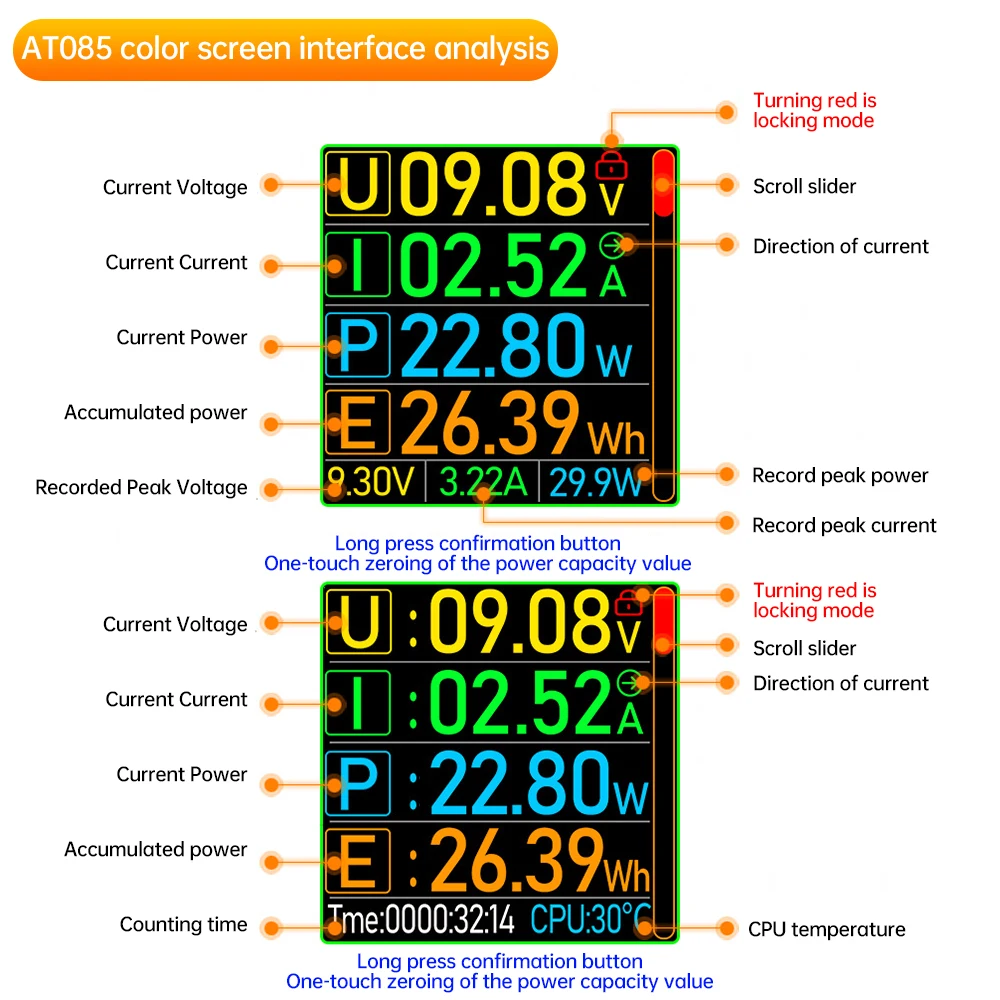 Imagem -06 - Display Digital Amperímetro de Tensão Medidor de Banco de Potência Carregador de Celular tipo c Tft G-sensor Tester At085 dc 4.550v 012a 600w Pd3.1