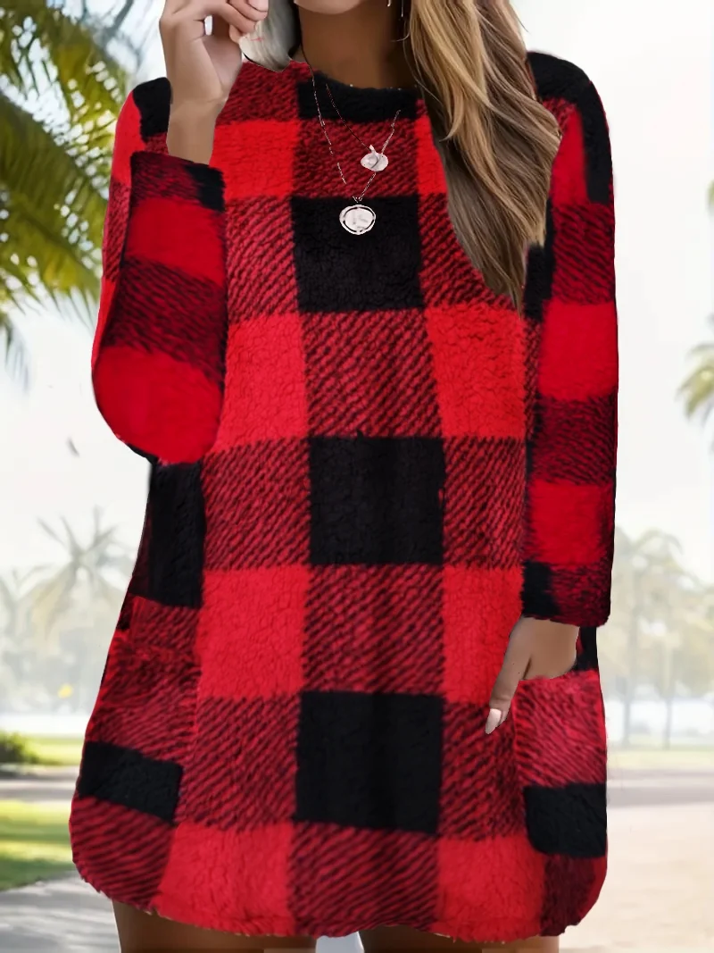 

Plus size casual hoodie, women's large-sized checkered pattern long sleeved plush sportswear hoodie