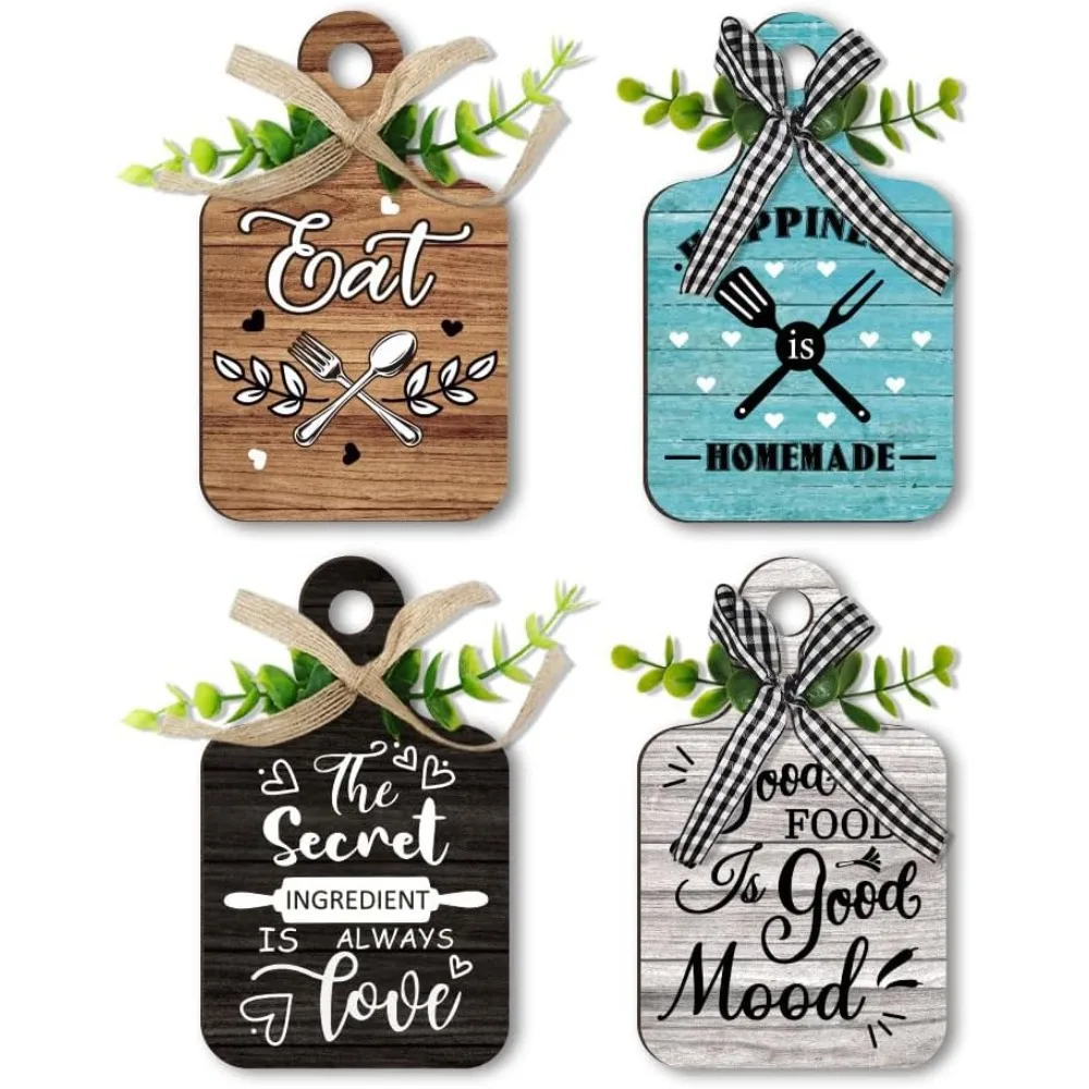 4pcs Kitchen Wall Decor Wood Sign Eat Wooden Cutting Board Sign Farmhouse Tiered Tray with Hemp Rope Wall Art Wood Hanging