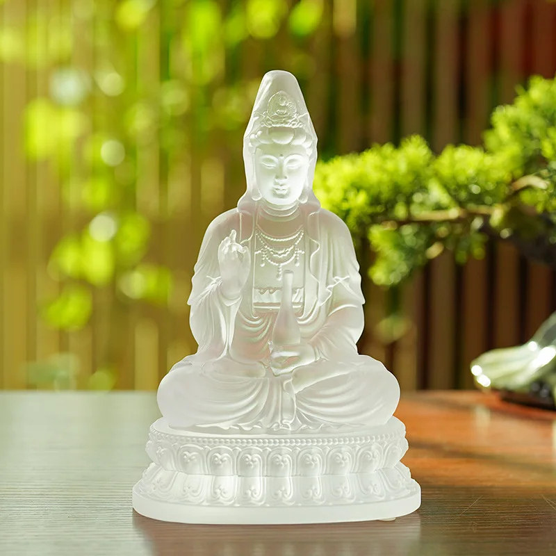 Glass Vase with Bodhisattva Lotus Seat Guanyin Buddha Statue Wealth God Figurine for Home and Temple Decoration Craf