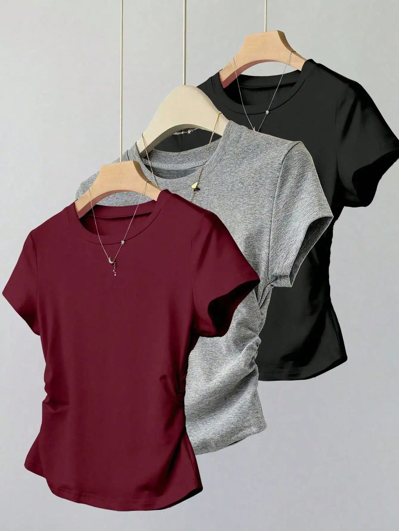 

3-Pack Women's Casual Short Sleeve T-Shirts with Ruched Hem, Solid Colors