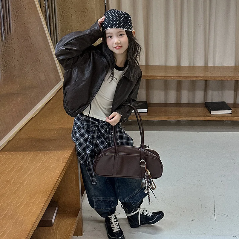 

Детская куртка для девочек, осеннее ретро простое школьное пальто с отложным воротником для девочек, универсальная верхняя одежда с длинными рукавами для девочек-подростков