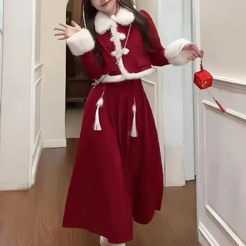 Women Sets Gentle Sweet Patchwork Velvet Cozy Jacket Mid-length Pleated Skirt Two-piece Winter Outfits Popular Trendy Ulzzang