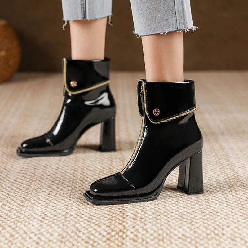 

Ladies Shoes 2023 Hot Sale Ankle Women's Boots High Quality Modern Boots Women Solid Square Toe Zip Heeled Shoes Female