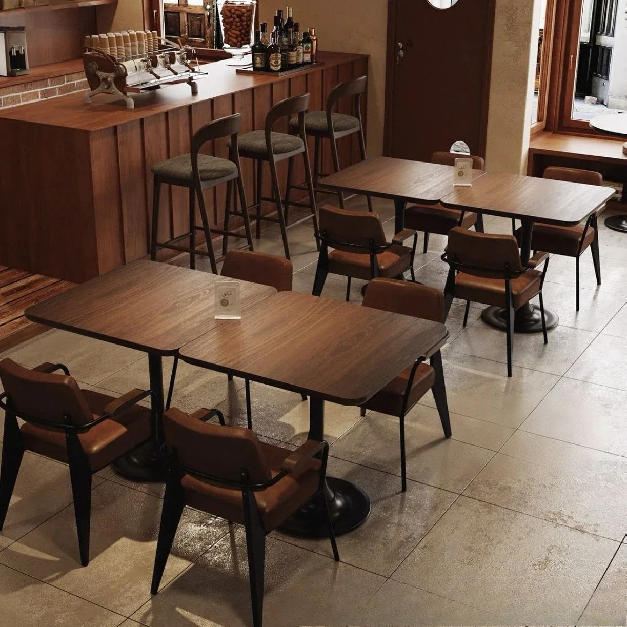 Meja makan kayu solid, meja dan kursi bergaya abad pertengahan Prancis, untuk katering restoran dan kafe komersial bergaya Barat, meja kue dari kayu walnut.