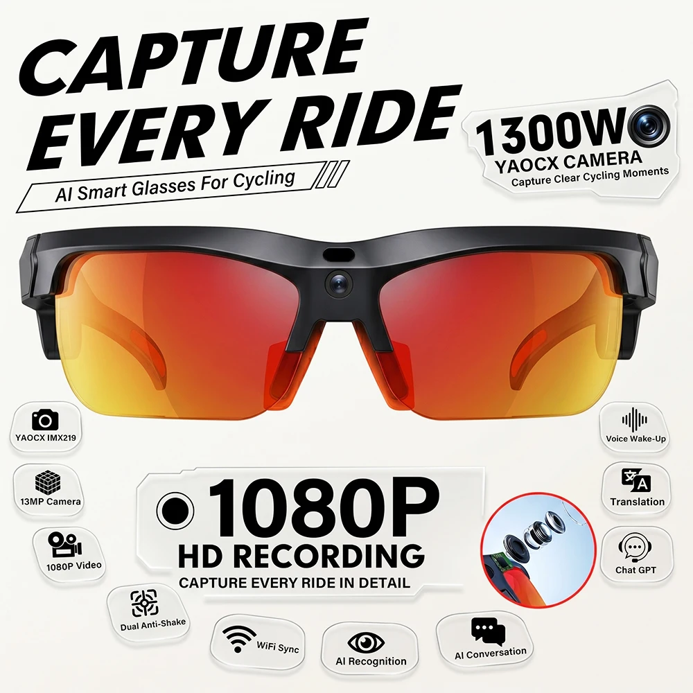 

2026 New Smart Cycling Glasses 1300W HD Camera 1080P Anti-Shake AI Translation Smart Recognition Calling Sports Sunglasses