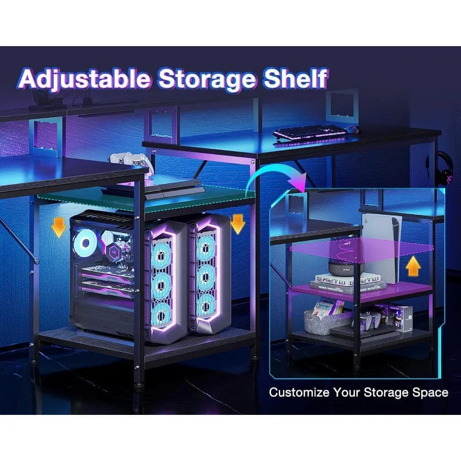 مكتب ألعاب 98 بوصة لشخصين مع أرفف تخزين لمكاتب كتابة الكمبيوتر المكتبية المنزلية المزدوجة الطويلة التي تتميز بشحن USB #6