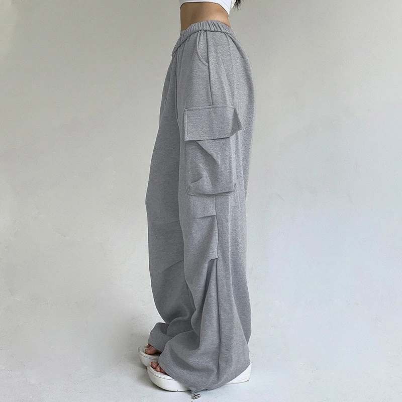 BKLD Early Autumn Fashion Female Grey Cargo Pants Elastic Drawstring Waist Pockets Patchwork Loose Casual Jogging Y2K Sweatpants