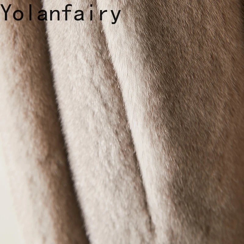 YOLANFAIRY معطف فرو المنك الطبيعي امرأة الخريف الشتاء الخامس الرقبة الفراء الحقيقي سترة النساء الملابس منتصف طول معاطف فرو المنك كاملة 2025