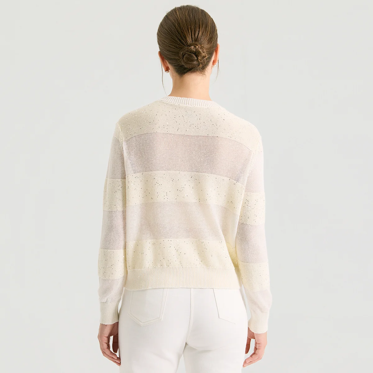 BD4611453 Luxury Sequin Embellished 100% Linen Knit Cardigan Long Sleeve Button Sweater Crewneck Casual Tops