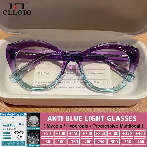 Imagen 1 del producto CLLOIO, gafas de lectura tipo ojo de gato con gradiente de moda geométrica para mujer, gafas progresivas antirayos azules, gafas graduadas para miopía