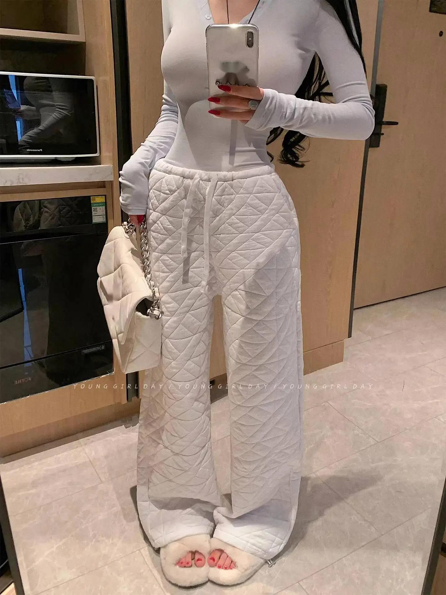 American Style High Waist Drawstring Quilted Warm Wide Leg Casual Sweatpants Floor-Length Pants Casual Winter Pants ZE6Z