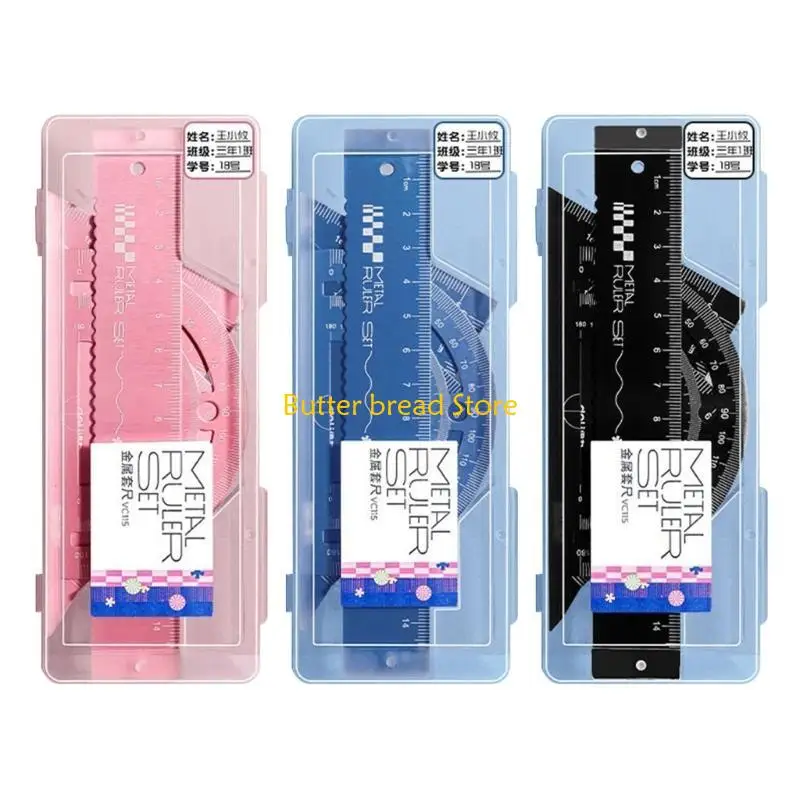 W89C Metal Drafting Ruler Geometry Tool Set with Straight Ruler Set Square Protractor