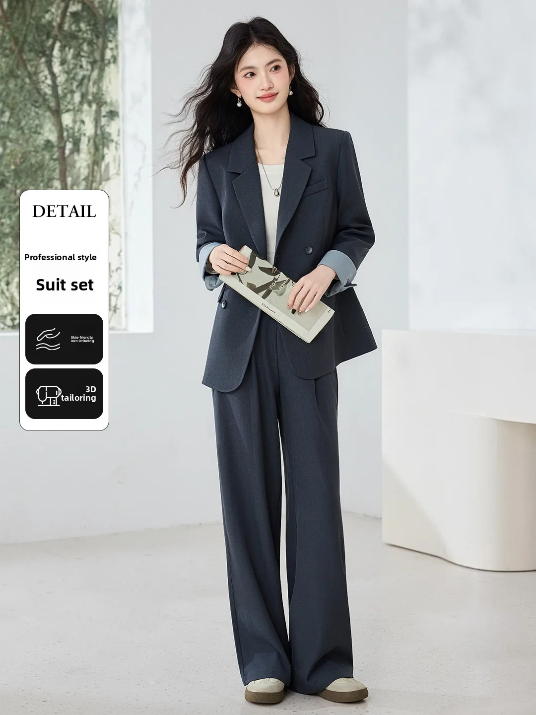 

Spring New Arrival Women's Lazy Sle Suit Set High Waist Straight Leg Pants ort Coat Two Piece Set Comfortable Cotton Blend