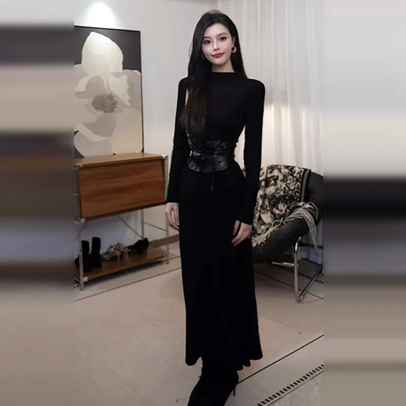 Dresses Long Sleeved Womens Dress Lady Autumn Modal Grayish Blue Half-Turtleneck Smocking Pleated Waistband Preppy Students Chic