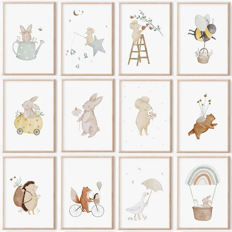 Boho Cartoon Farm Wall Art Canvas Painting Rabbit Fox Bear Bee Mouse Flower Posters Prints Pictures for Baby Kids Room Decor