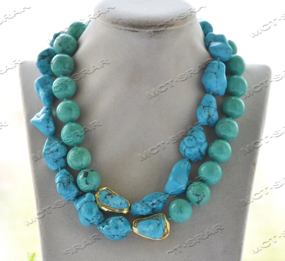 

Z12012 35'' 25mm Blue Baroque Green Round Turquoise Gold-Plated Bead Necklace