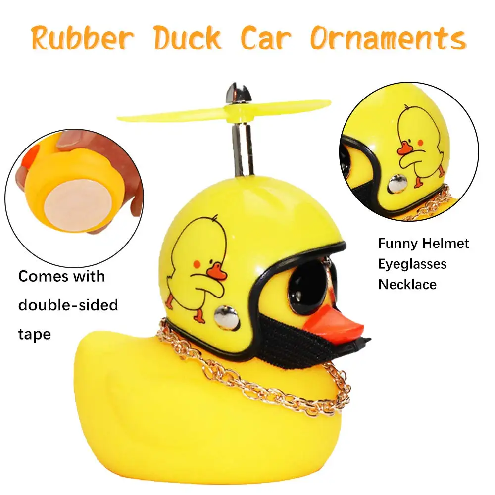 Rubber Duck Car Ornaments, 2Pcs Yellow Duck Car Dashboard Decorations Squeeze Duck Bicycle Horns with Propeller Helmet