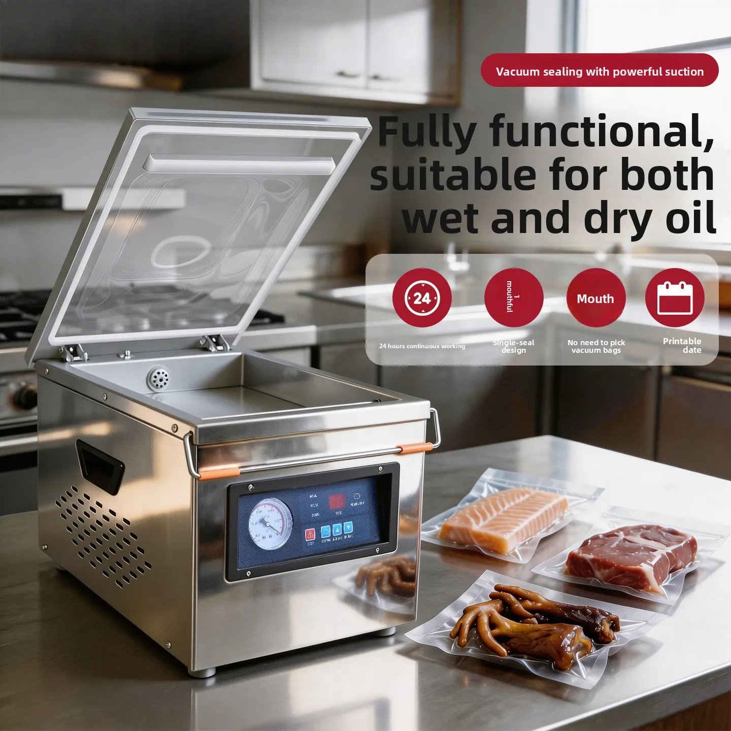 Stainless Steel Food Vacuum Sealer Machine for Home Use Dry & Wet Food Sealing Preserve Meat Seafood Meal Prep Kitchen Vacuum