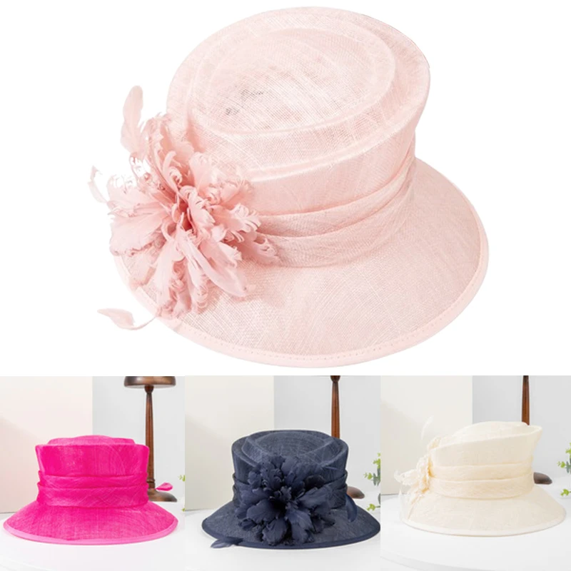 

New Elegant Female Sinamay Bowler Hats With Flower Feather Women Perfect Wedding Cocktail Tea Party Kentucky Visor Bucket Caps
