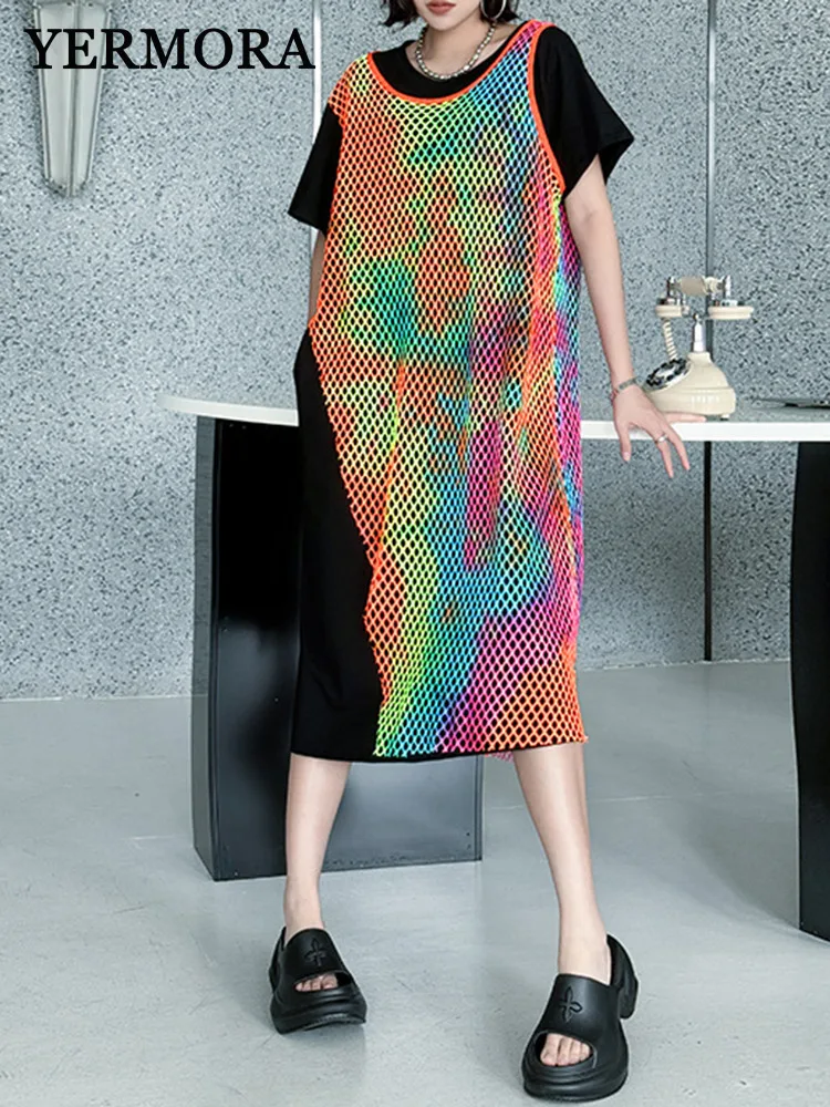 

YERMORA Women Black Spliced Grid Fake Two Pieces Casual Dress Round Neck Short Sleeve Loose New Fashion Tide Spring Summer 2025