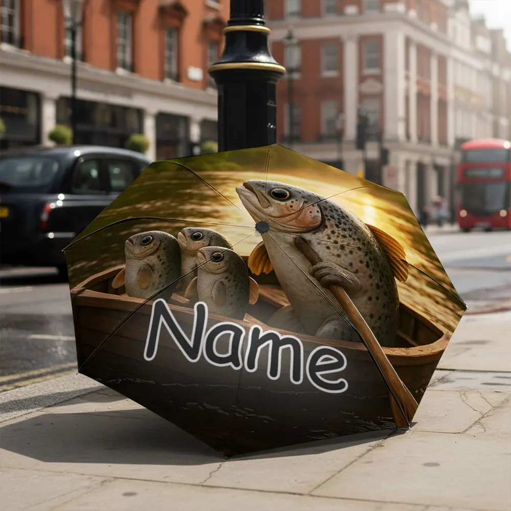 Custom Name umbrella,Cartoon Fish Rowing Boat in Tranquil Sunset River print Fashion Folding Umbrella for Sunny and Rainy Days