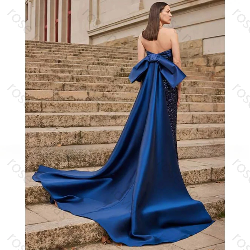 高品質なイブニングドレス、スパンコール付きストラップレスプリーツサテンノースリーブコラム型イブニングガウン、女性用2026年ビッグボウドレーププロムドレス