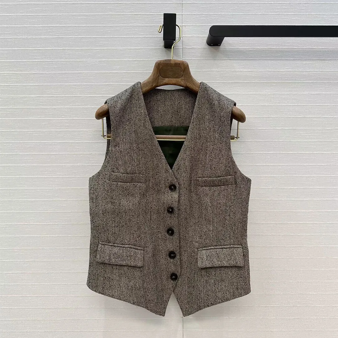 

Vintage Old Money Style Blazer Vest Women Brown Color V-neck Sleeveless Single Breasted Slim Fit Short Design Office Tank Jacket