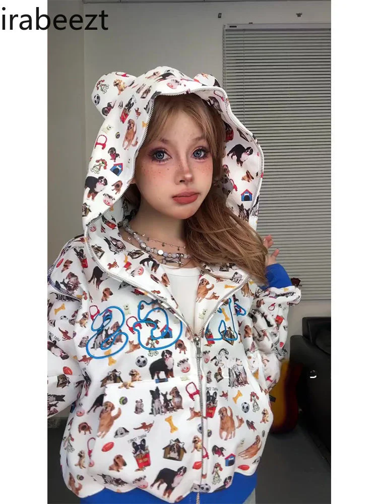 Dog Full Print Sweet Cool Cute Cardigan Woman Hot Popular Chinese Version Coat Casual Roupas Femininas Loose Zip Up Hoodie