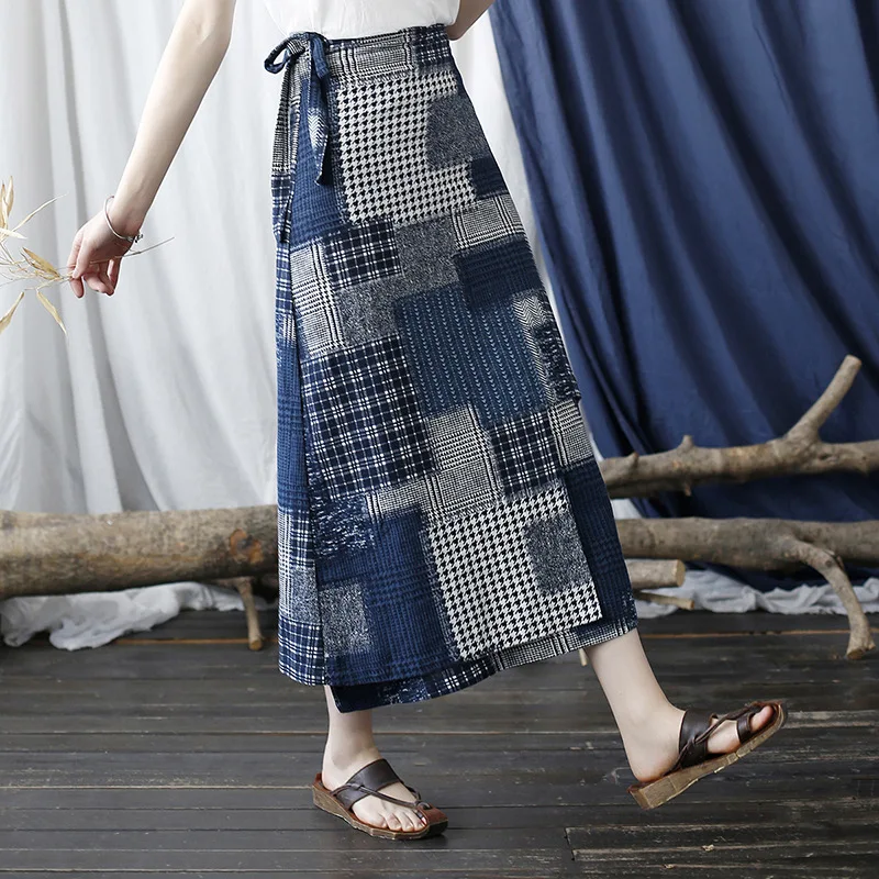 

2025 New Arrival Summer Arts Style Women Loose Fit Casual All-match Vintage Print A-line Skirt Mid-calf Cotton Linen Skirts Y116