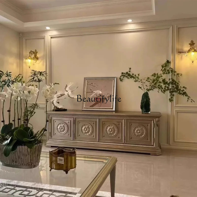 

American light luxury solid wood carving flower TV cabinet champagne gold locker retro living room