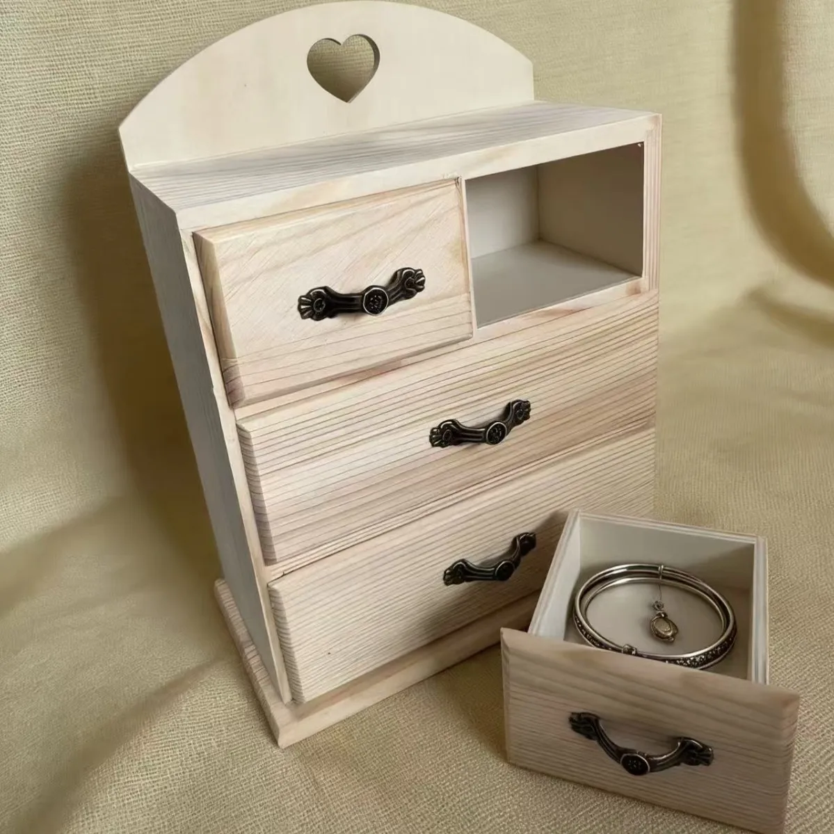 Heart-Shaped Hollow Wooden Jewelry Box With Multi-Layer Drawers DIY Hand-Painted Desktop Storage Organizer Cabinet For Cosmetics