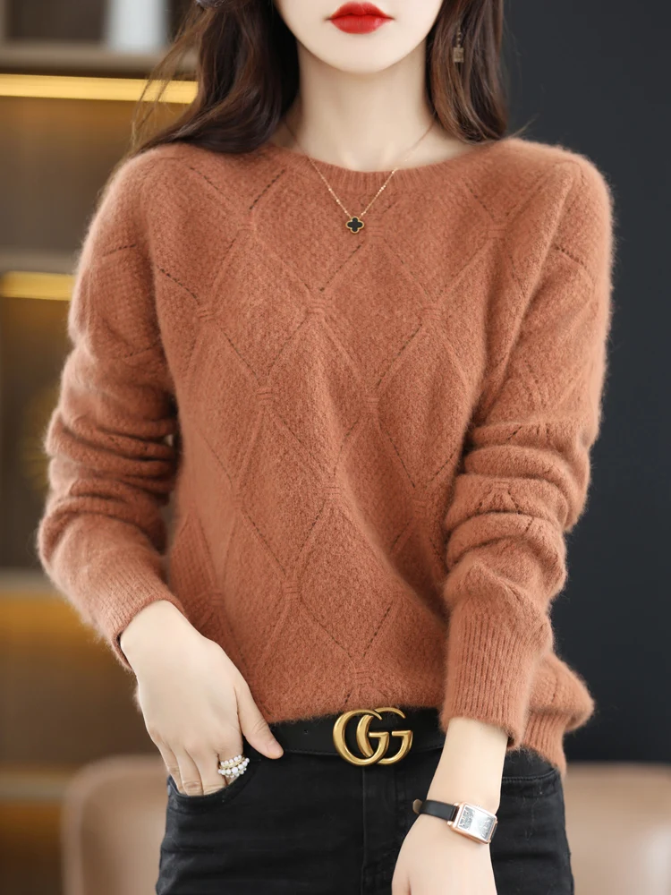 

2024 New Women 100% Mink Cashmere Sweater O-Neck Casual Pullover Autumn Winter Soft Warm Jumpers Long Sleeve Knitwear Tops