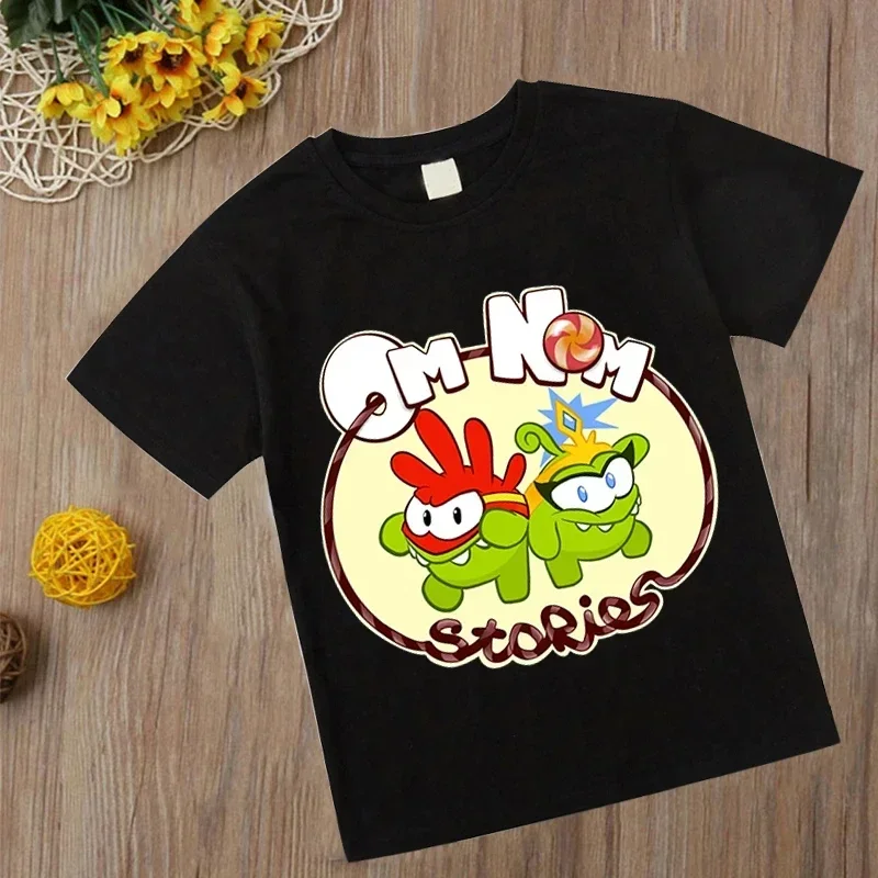 Camiseta de moda de juego Om Nom para niños, Camiseta de cuello redondo, camisetas de cuerda cortada para bebés, Tops casuales de dibujos animados para niñas, ropa de rana