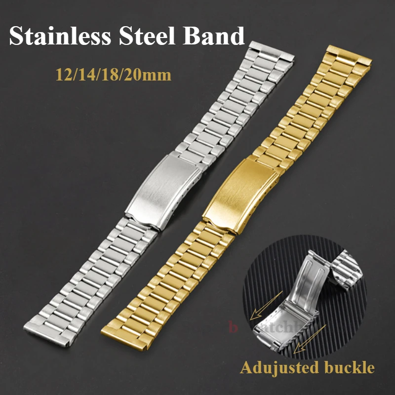 Universal Watch Strap Folding Buckle 12mm 14mm 18mm 20mm Stainless Steel Band Gold for Men Women Metal Bracelet Replacement