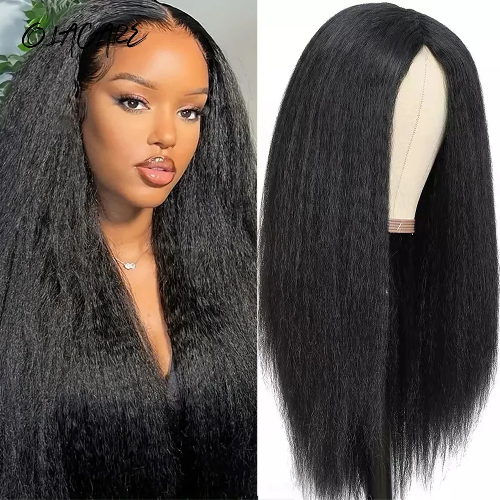 

Long Black Kinky Straight Synthetic Wigs for Women Middle Part Yaki Straight Hair for Daily Cosplay Heat Resistant Fiber Wig
