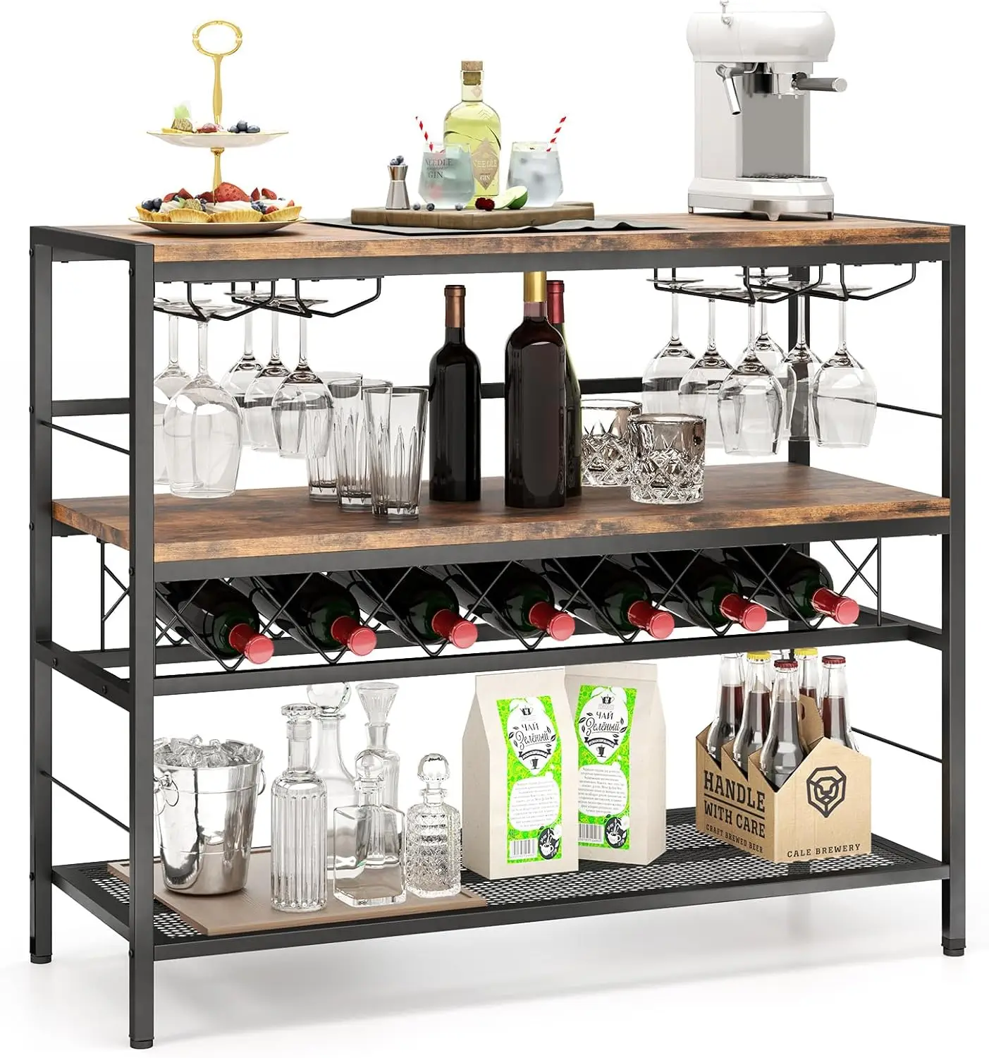 

4-Tier Wine Rack Table with 7-Bottle Storage, 16 Glass Holder, Industrial Metal Shelf for Kitchen in Rustic Brown