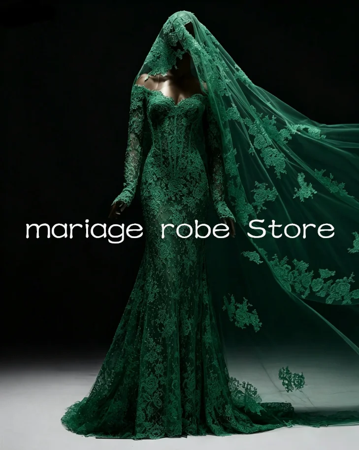 

Изумрудно-зеленое готическое свадебное платье в стиле русалки с фатой, роскошной кружевной аппликацией, длинными рукавами, эксклюзивное свадебное платье, индивидуальный пошив