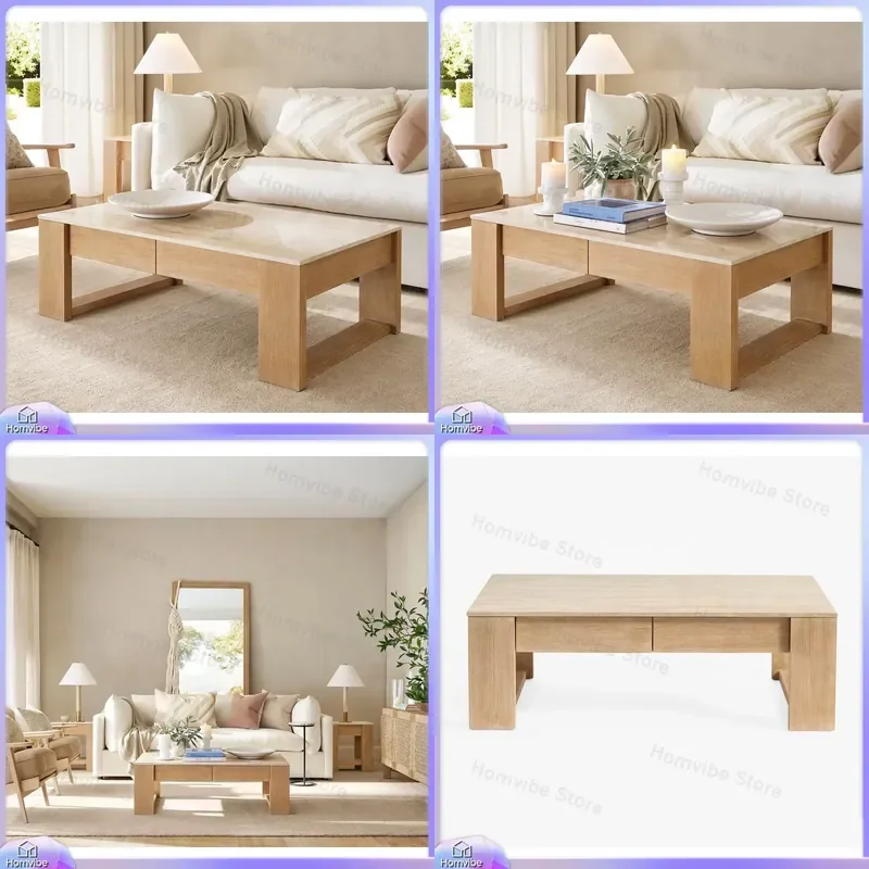 

Modern Weathered Oak Coffee Table with Marble Top 2 Drawer Center Table for Living Room Luxury Handcrafted Wood Furniture