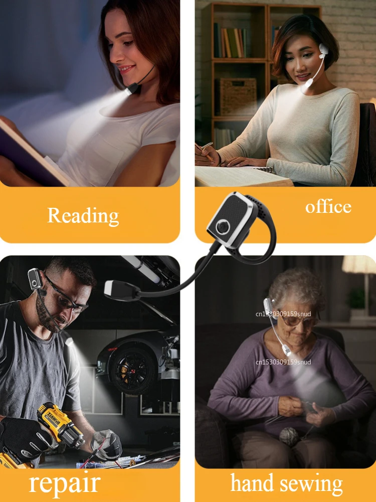 Wearable Ear-Hanging Reading Light 3-Color LED Book Lamp Stepless Dimming Night Light USB Rechargeable for Reading Sewing Repair