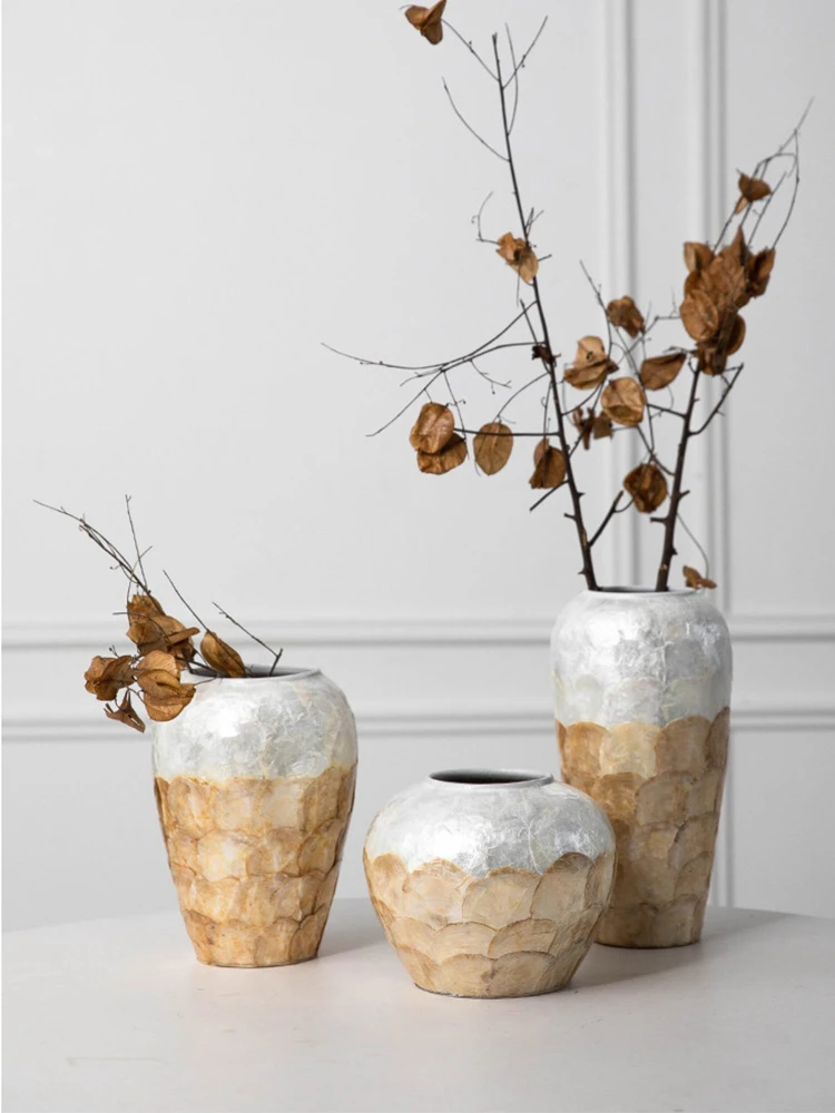 Luxury Mother of Pearl Inlaid Ceramic Vase Handmade Gold Shell Flower Vase Minimalist Tabletop Ornamnt Hotel Office Home Decor