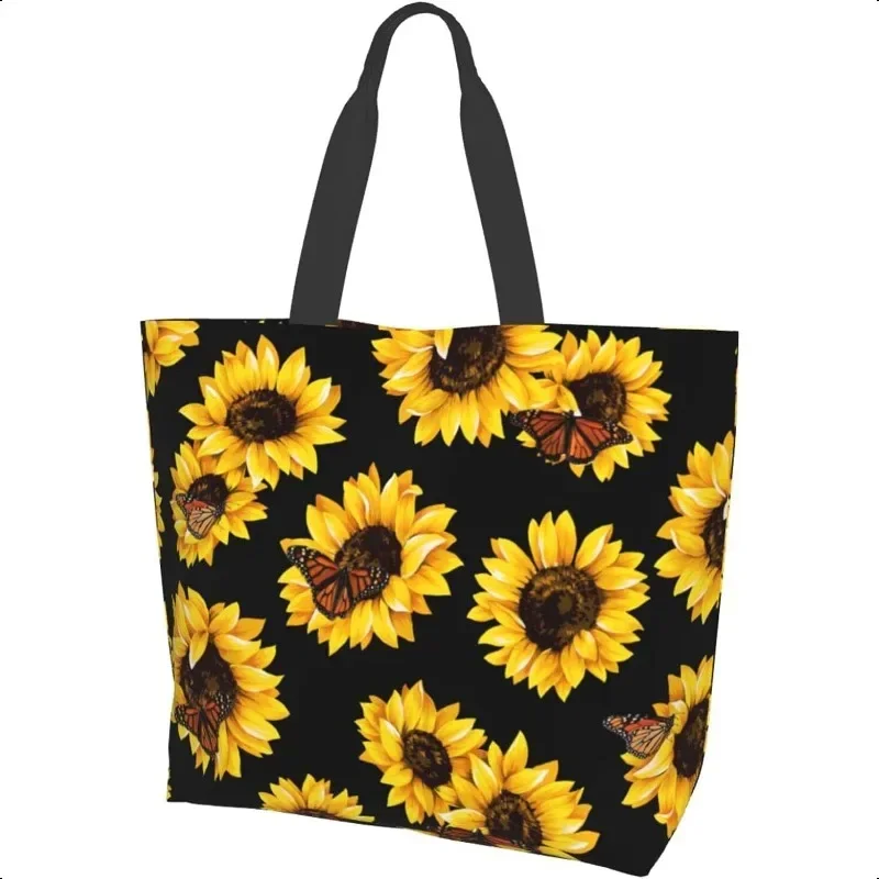 

Большая водонепроницаемая нейлоновая большая сумка AmerTac для женщин — яркий желтый дизайн подсолнечника и бабочки, многоразовая повседневная сумка на плечо