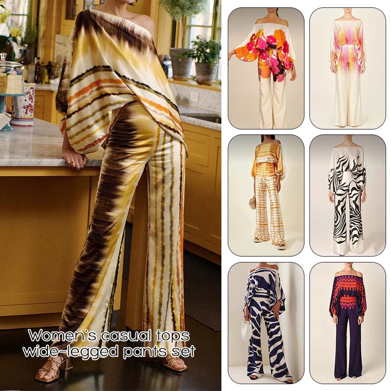 2 Pcs/Sets Women Fashion Print Satin Lantern Sleeve Off Shoulder Tops Wide Leg Pants Suit Casual Chic Blouse Office Lady Outfit