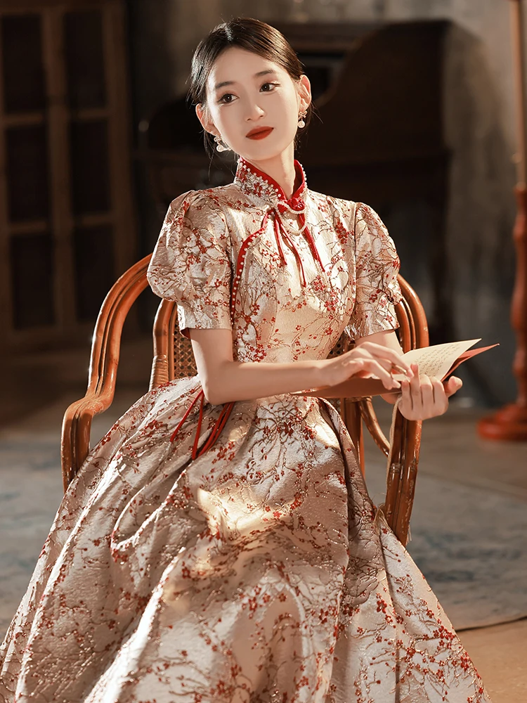 

New Chinese Style Engagement Wedding Dress Short Sleeve Floral Pattern Retro Style for Brides Short